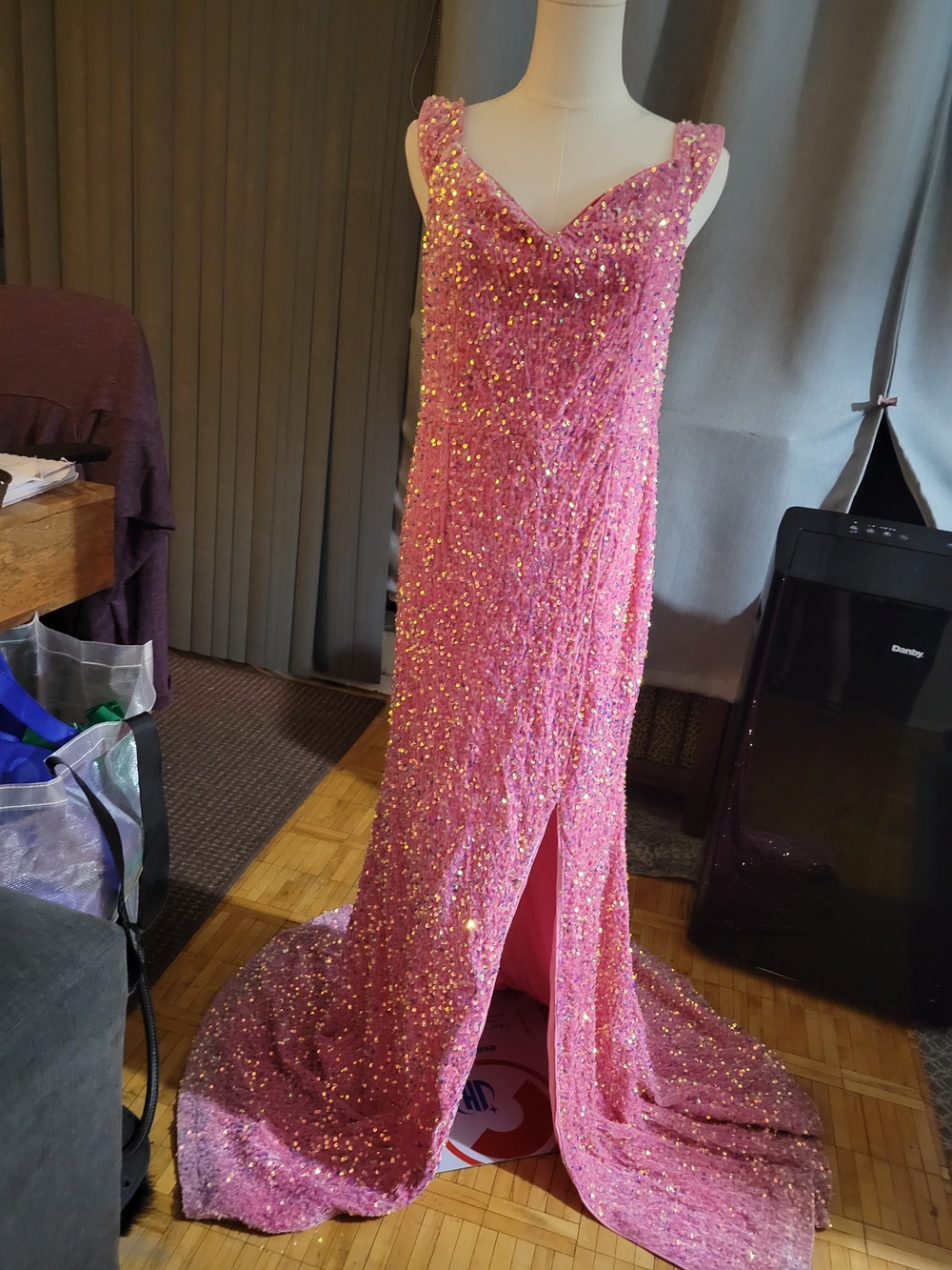 Pink Sequin Evening Gown with V-Neck